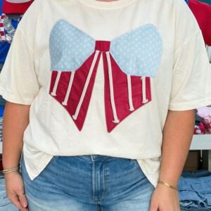 White Distressed Flag Bow Patched Plus Size T Shirt