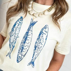 White Fish Print Short Sleeve Round Neck T Shirt