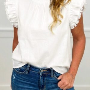 White Frilled Collar Flutter Sleeve Denim Top