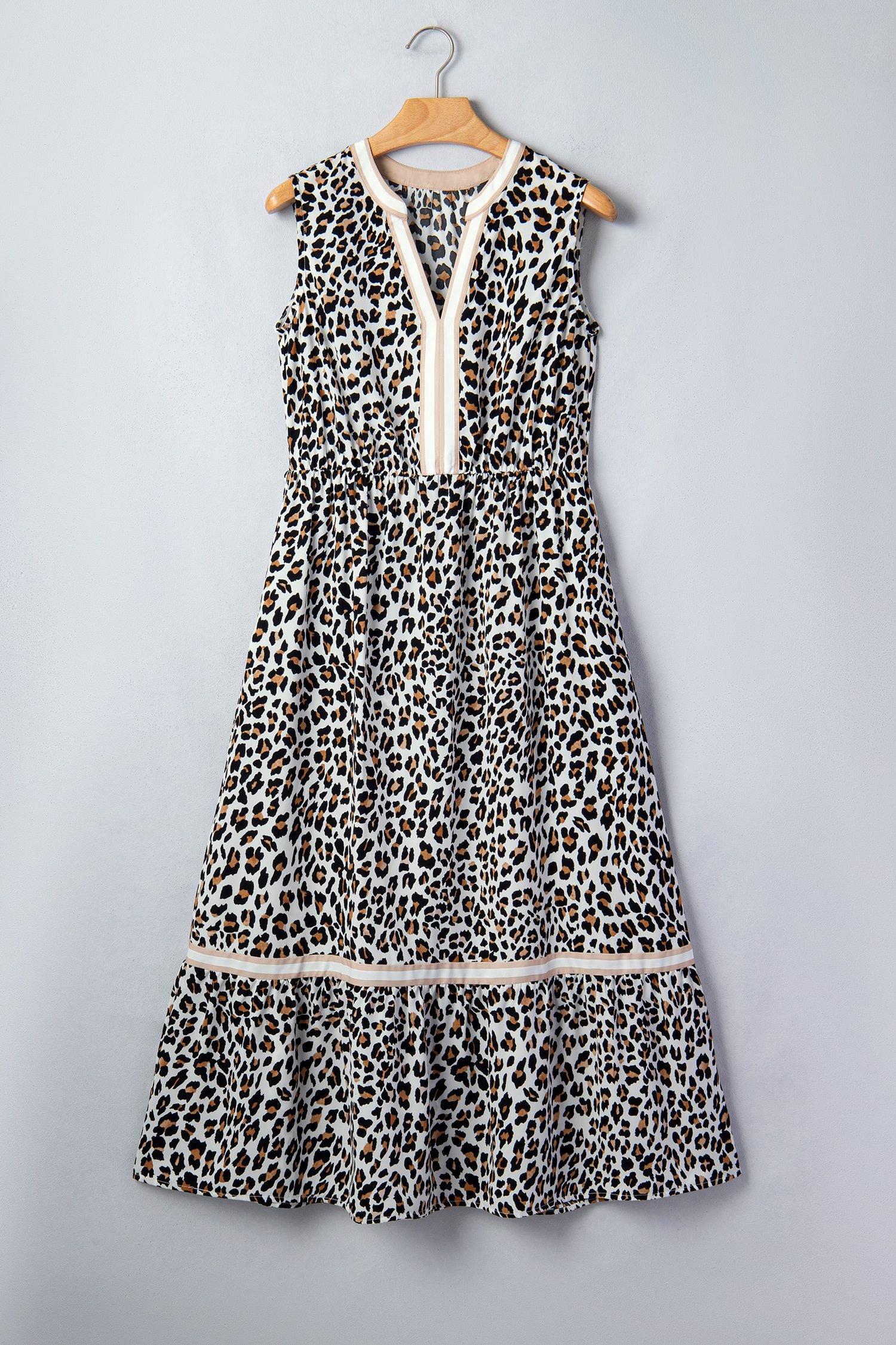 White Leopard Print Colorblock Trim Sleeveless Midi Dress