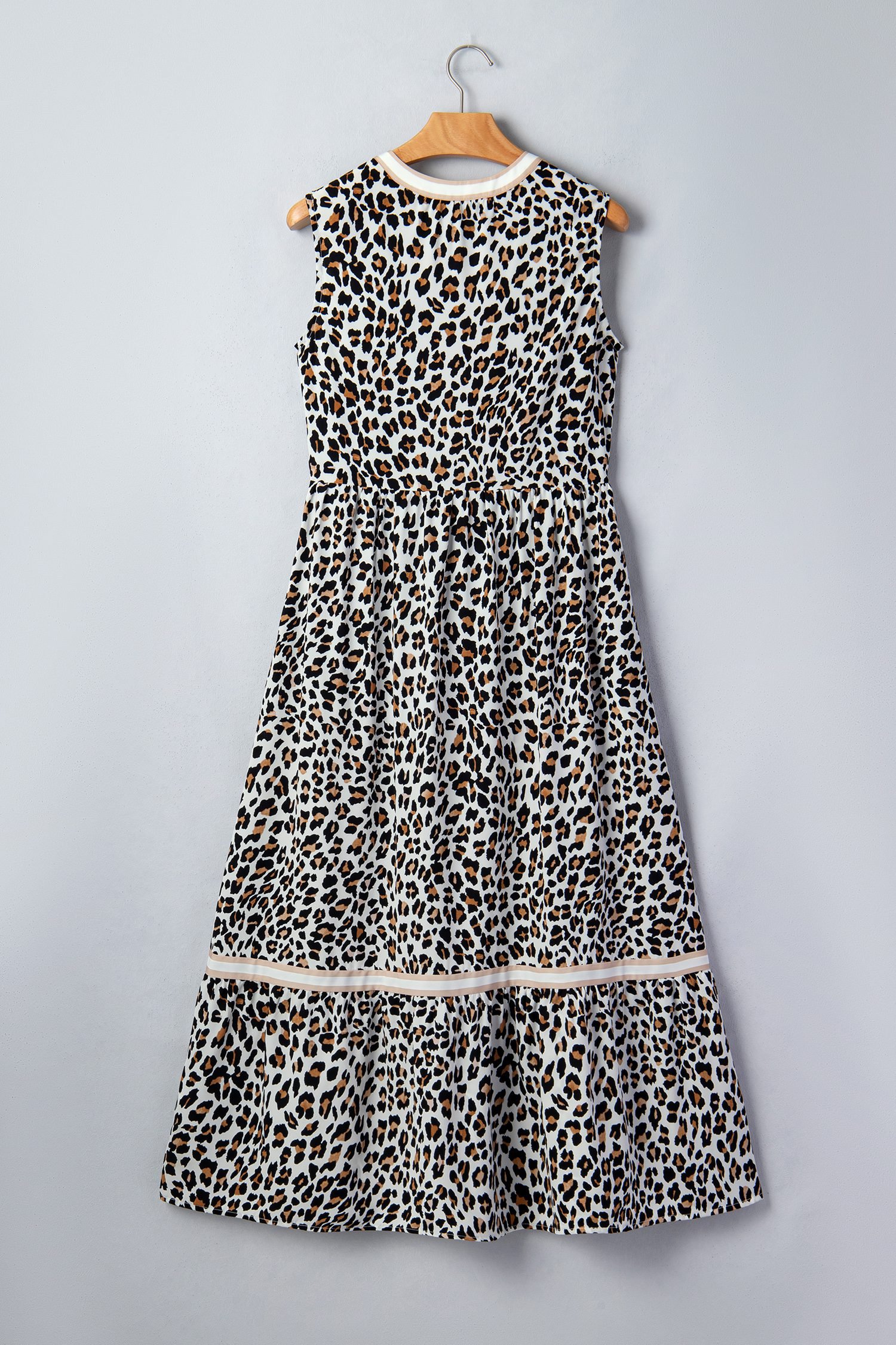 White Leopard Print Colorblock Trim Sleeveless Midi Dress