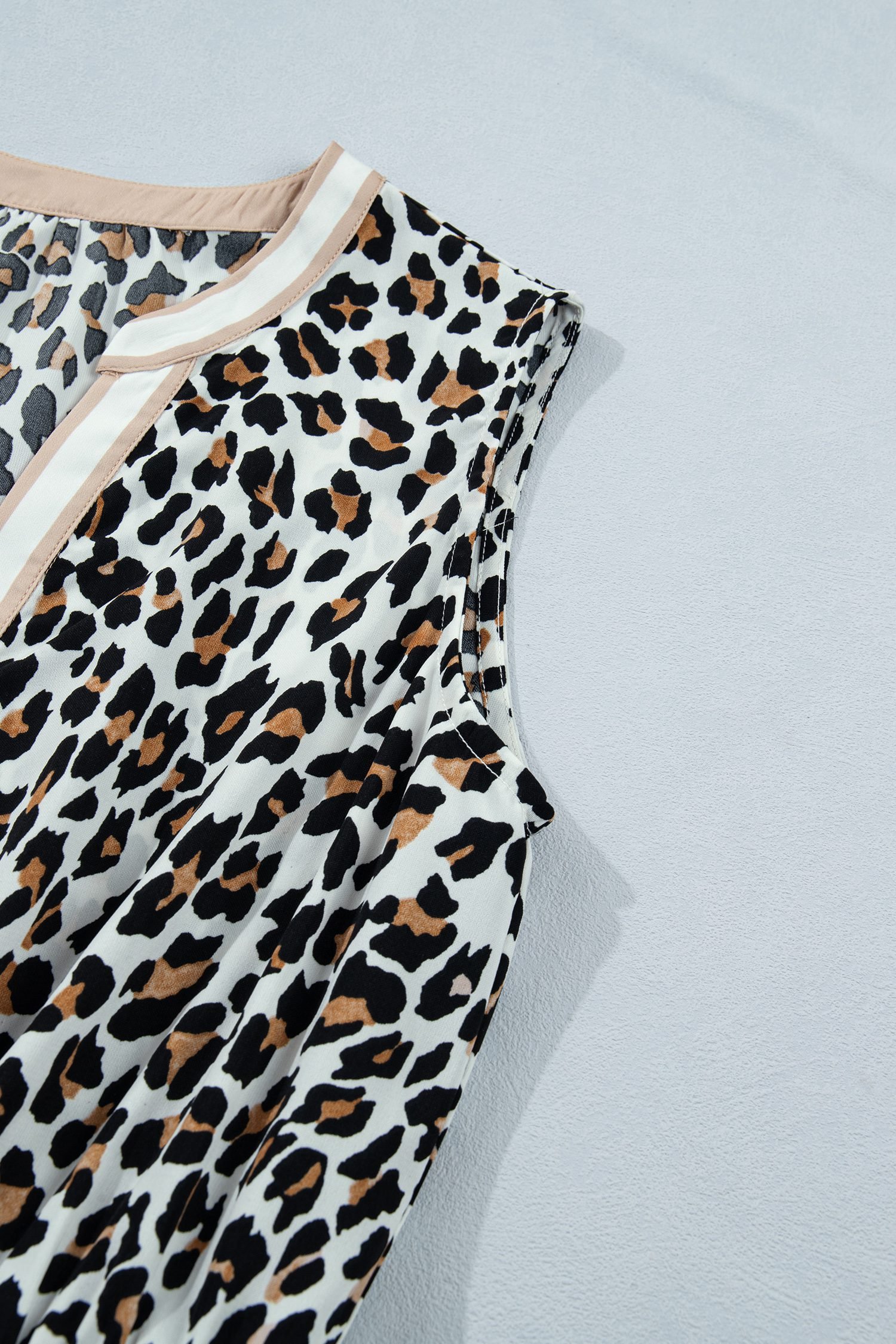 White Leopard Print Colorblock Trim Sleeveless Midi Dress