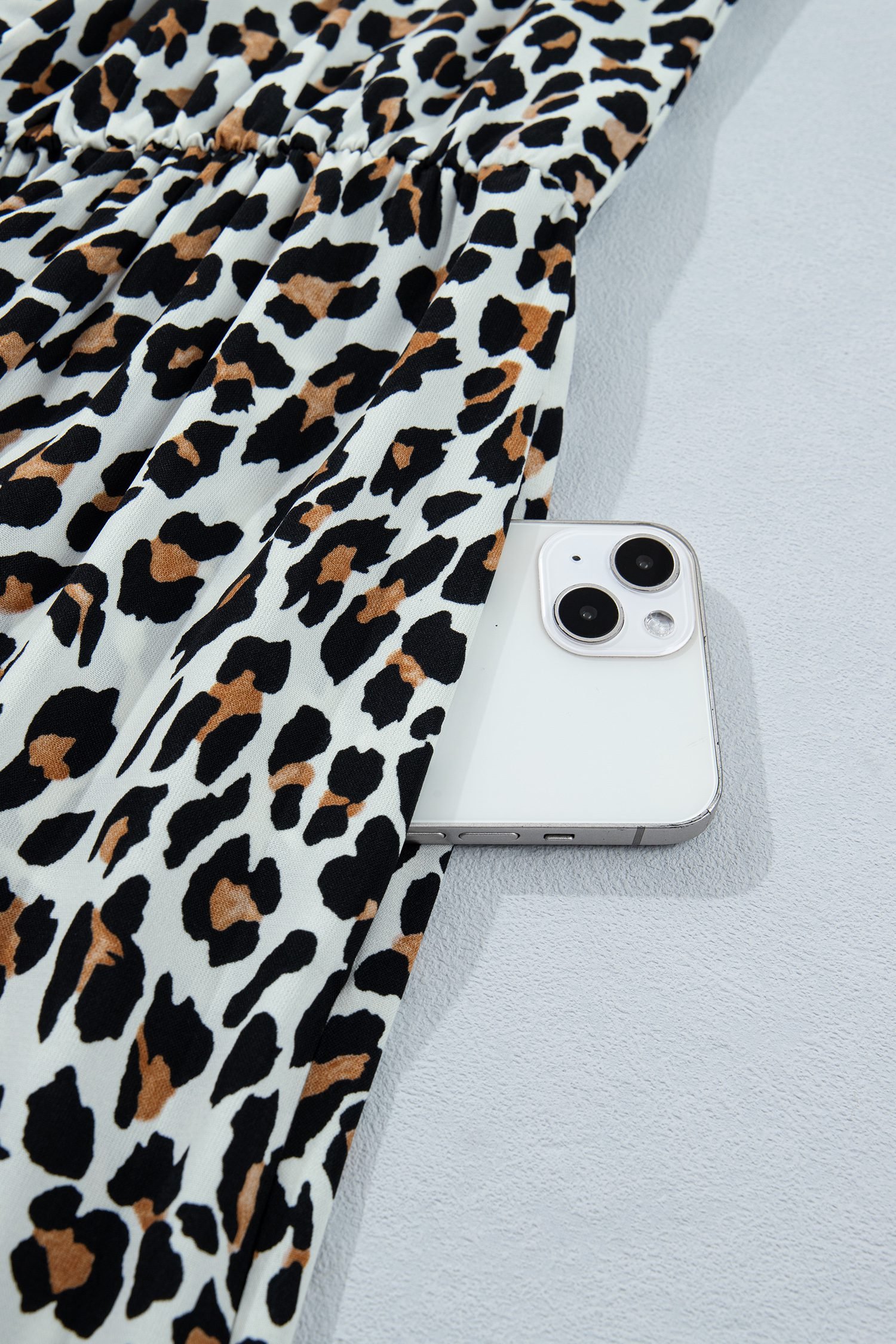 White Leopard Print Colorblock Trim Sleeveless Midi Dress