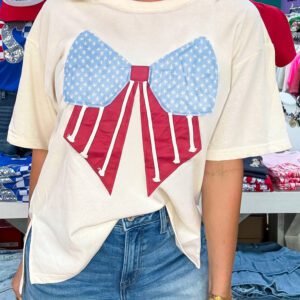 White Loose Knit Vintage Flag Bow Patched T Shirt
