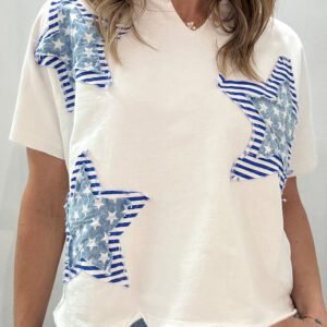 White Patriot Star Patched Notched Neck Mineral Washed Tee