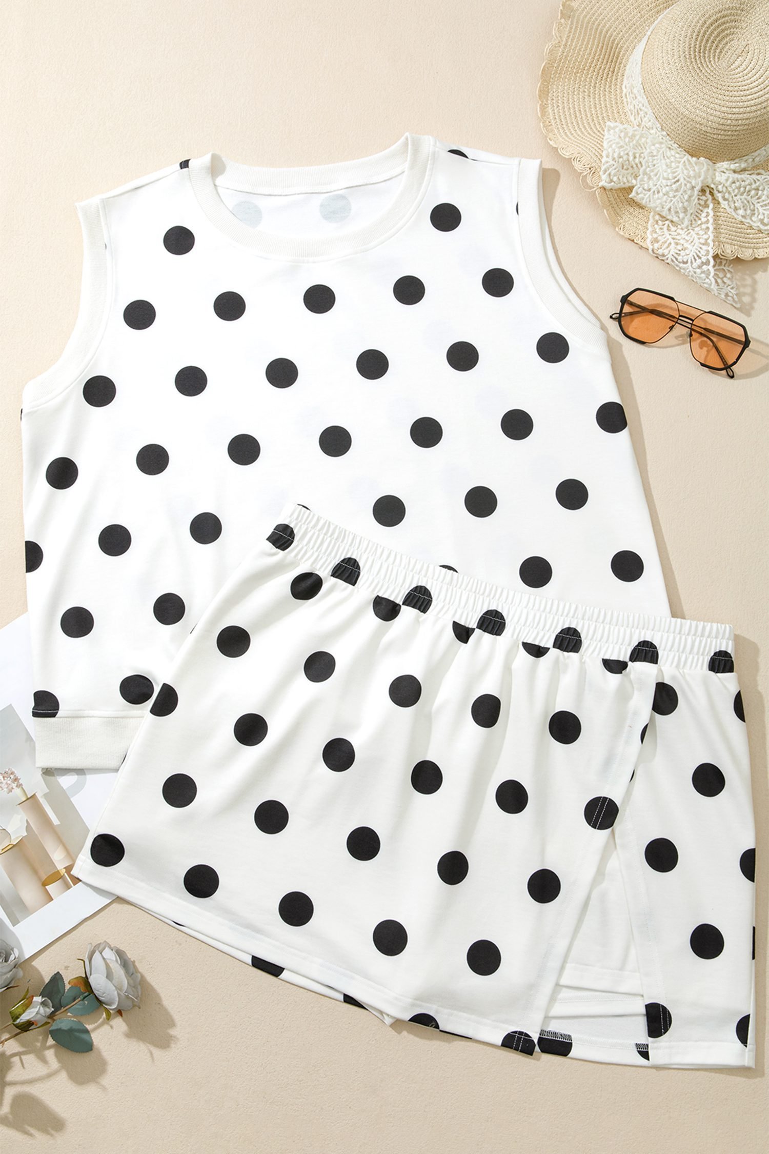 White Plus Size Polka Dot Printed Tank Split Skort 2pcs Outfit