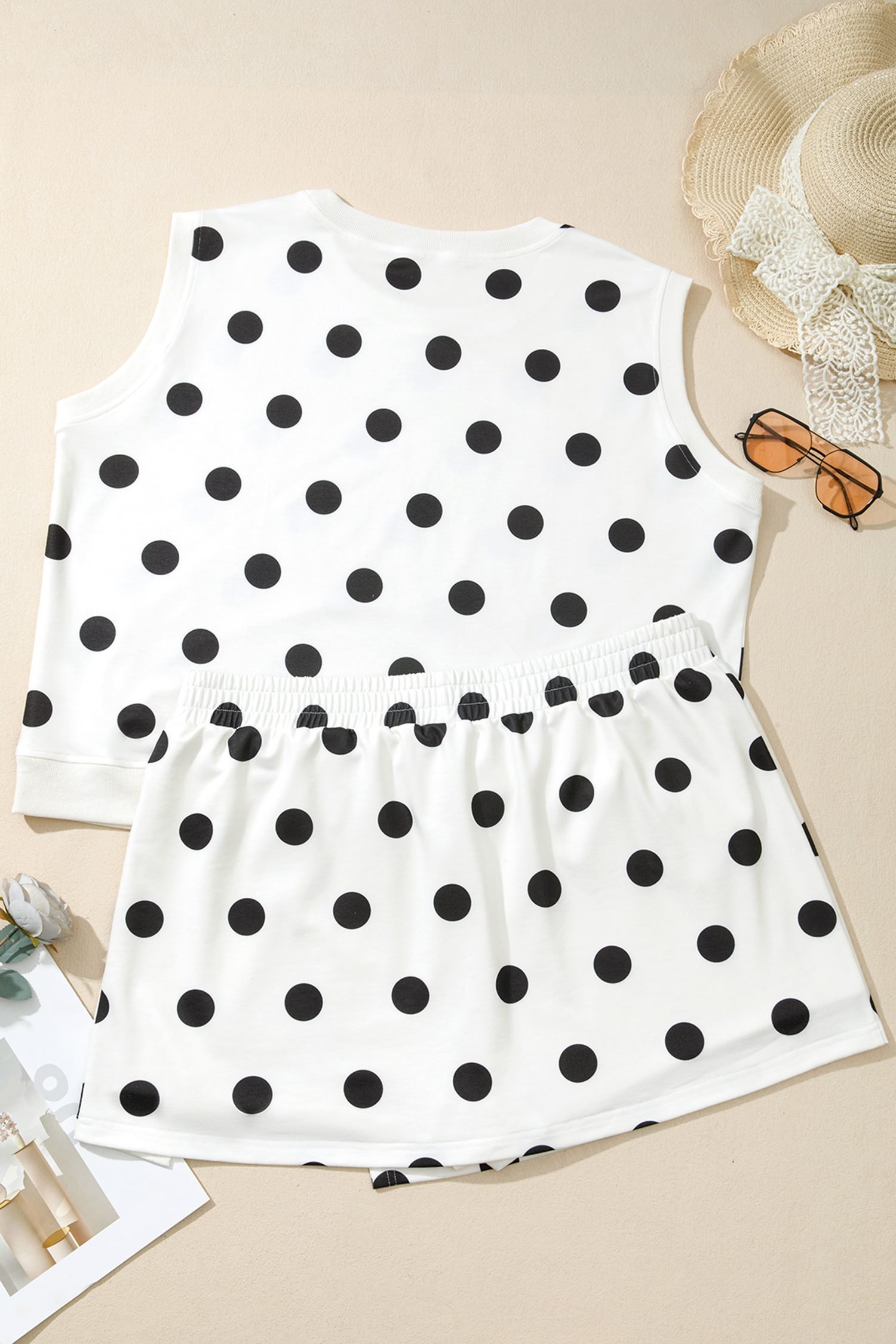 White Plus Size Polka Dot Printed Tank Split Skort 2pcs Outfit