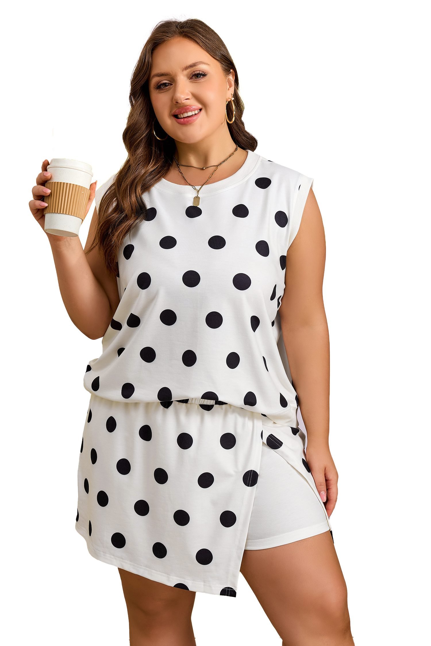 White Plus Size Polka Dot Printed Tank Split Skort 2pcs Outfit