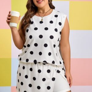 White Plus Size Polka Dot Printed Tank Split Skort 2pcs Outfit