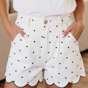 White Polka Dot Print Embroidered Scallop Hem Shorts
