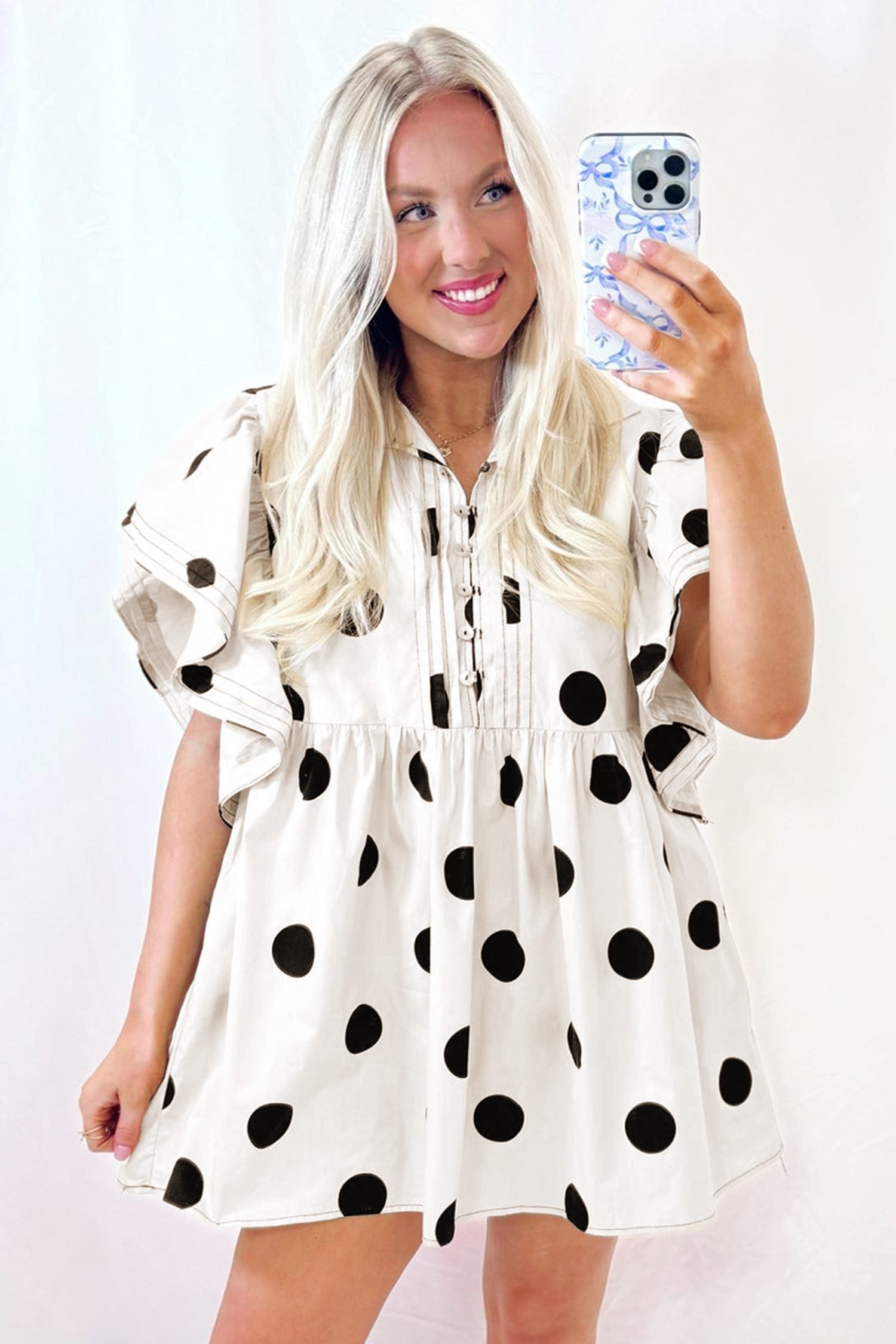 White Polka Dot Print Half Button Ruffled Short Sleeve Loose Mini Dress