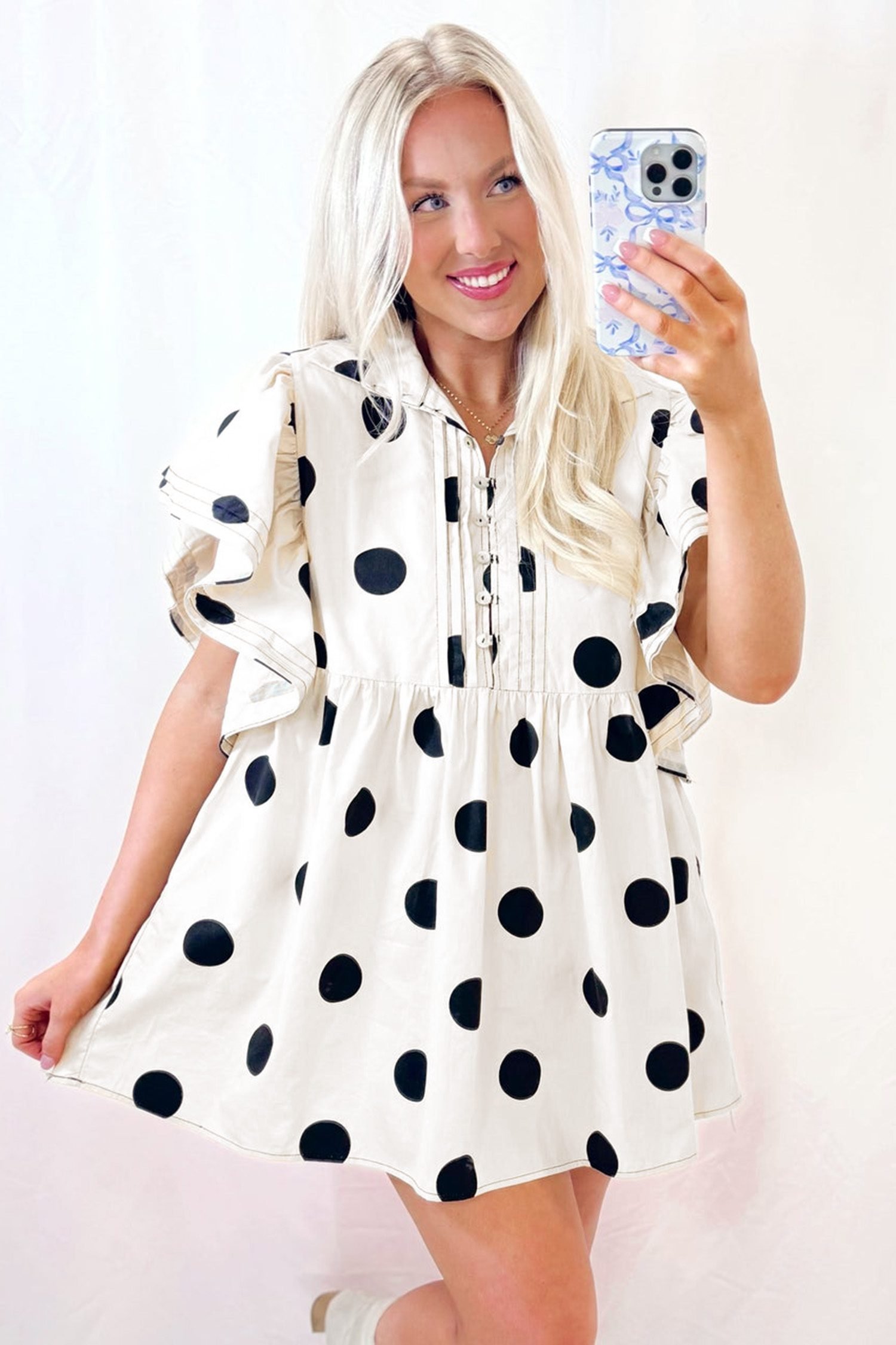 White Polka Dot Print Half Button Ruffled Short Sleeve Loose Mini Dress