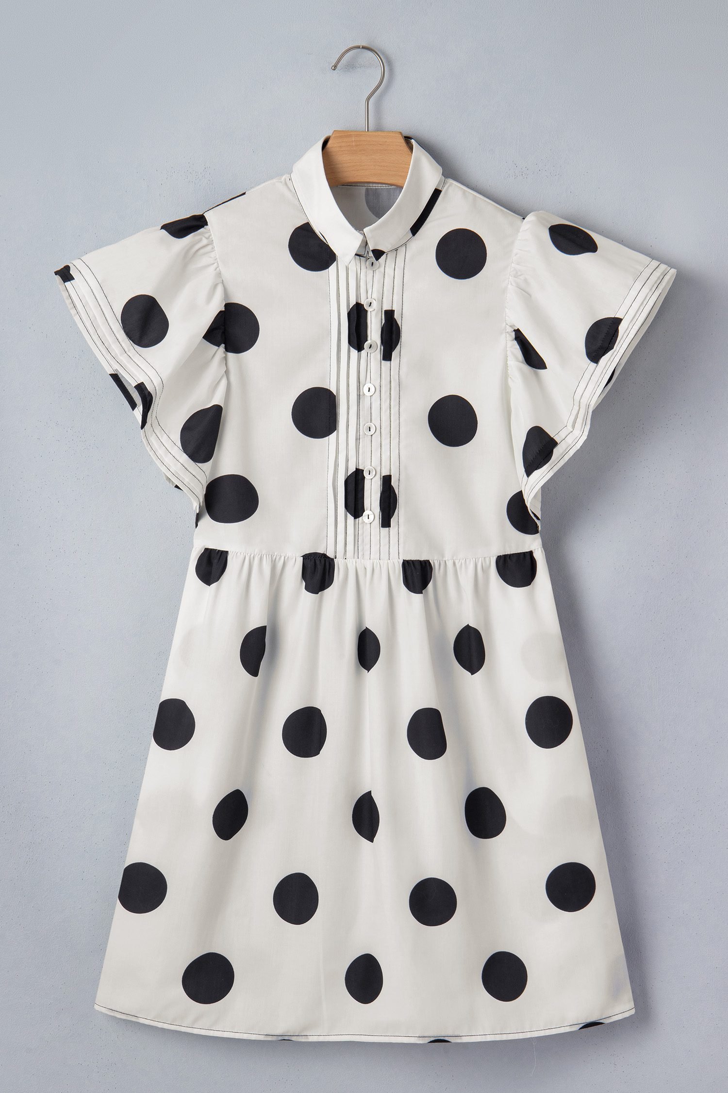 White Polka Dot Print Half Button Ruffled Short Sleeve Loose Mini Dress