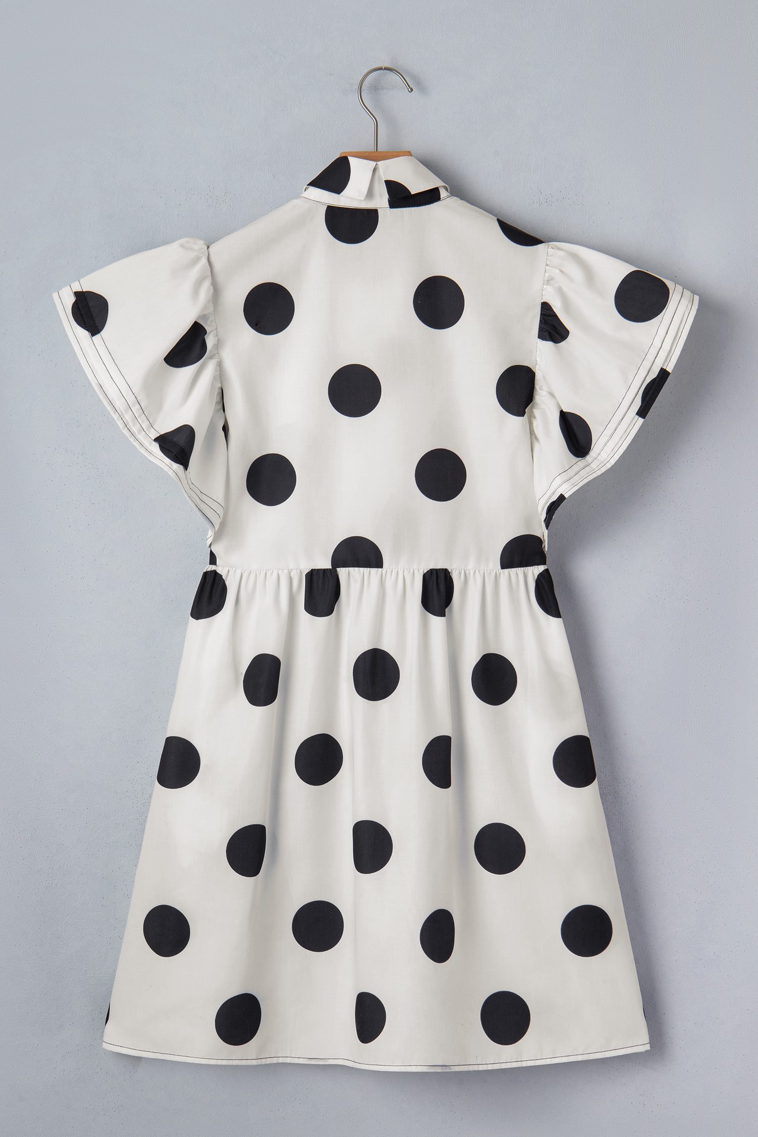 White Polka Dot Print Half Button Ruffled Short Sleeve Loose Mini Dress