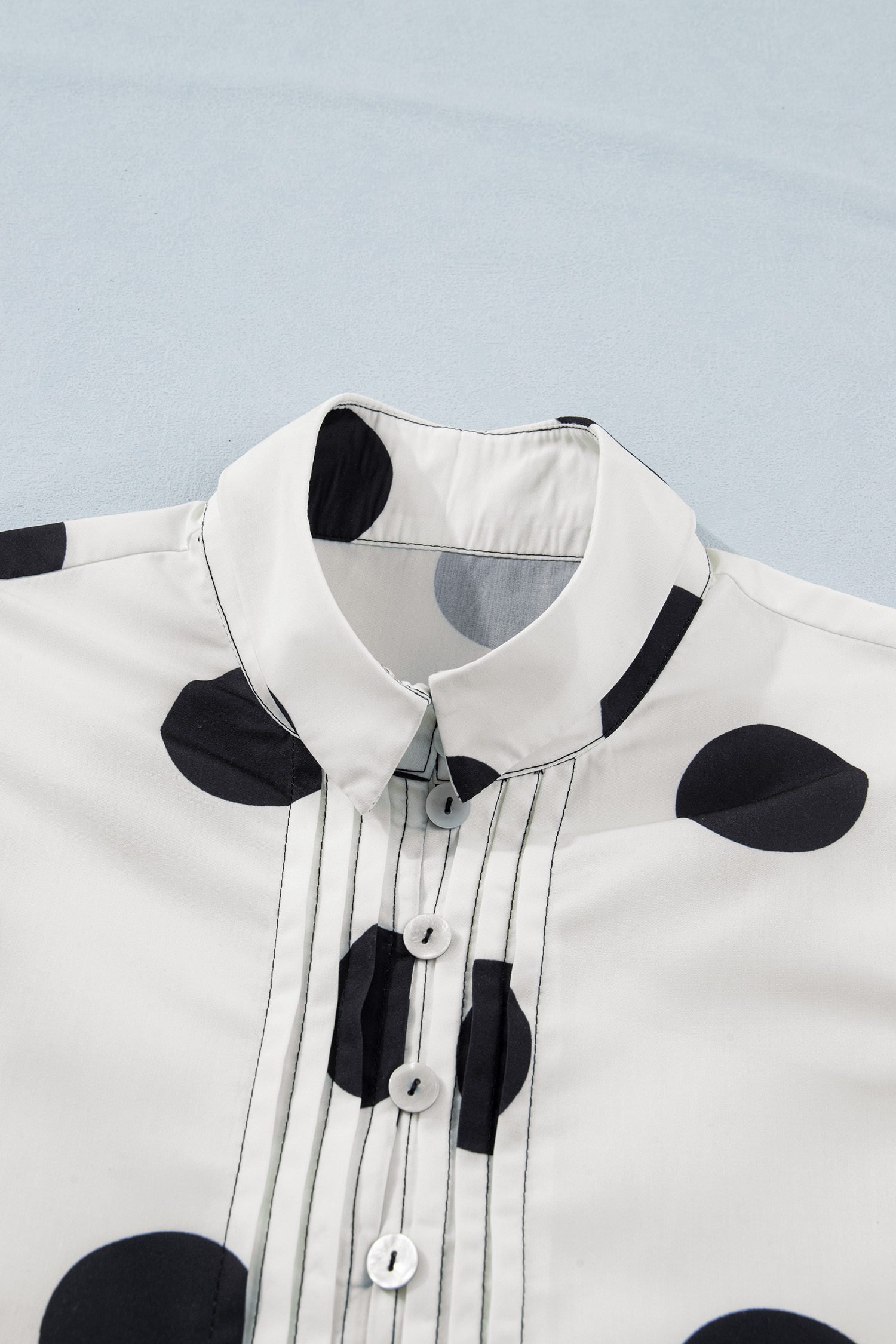 White Polka Dot Print Half Button Ruffled Short Sleeve Loose Mini Dress