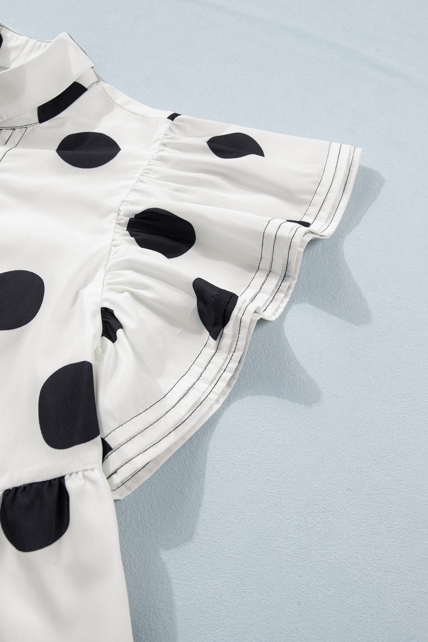 White Polka Dot Print Half Button Ruffled Short Sleeve Loose Mini Dress