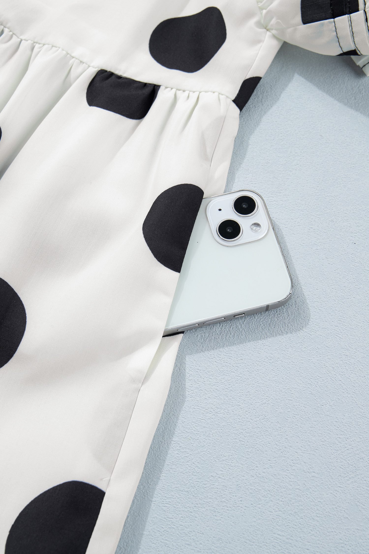 White Polka Dot Print Half Button Ruffled Short Sleeve Loose Mini Dress