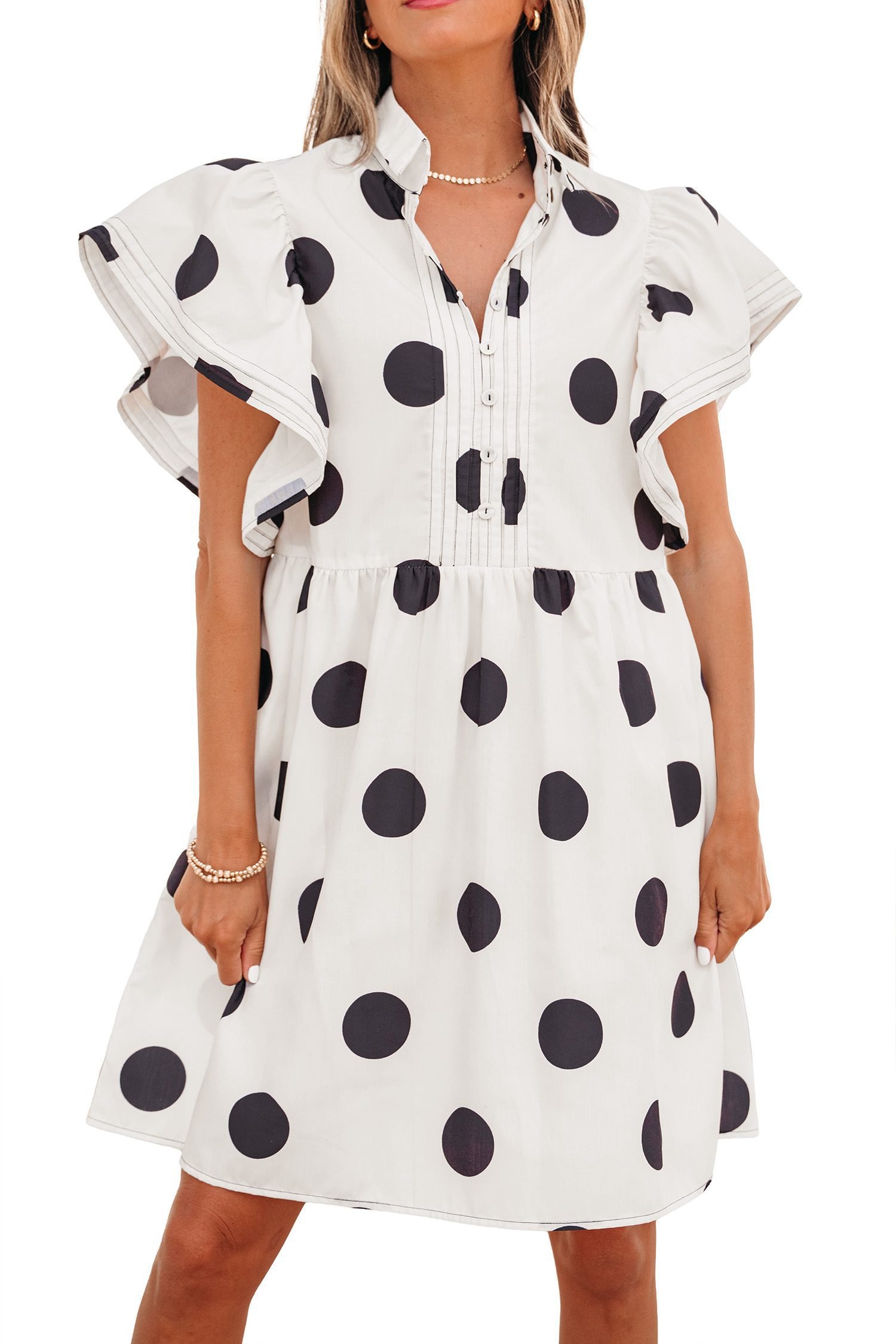 White Polka Dot Print Half Button Ruffled Short Sleeve Loose Mini Dress