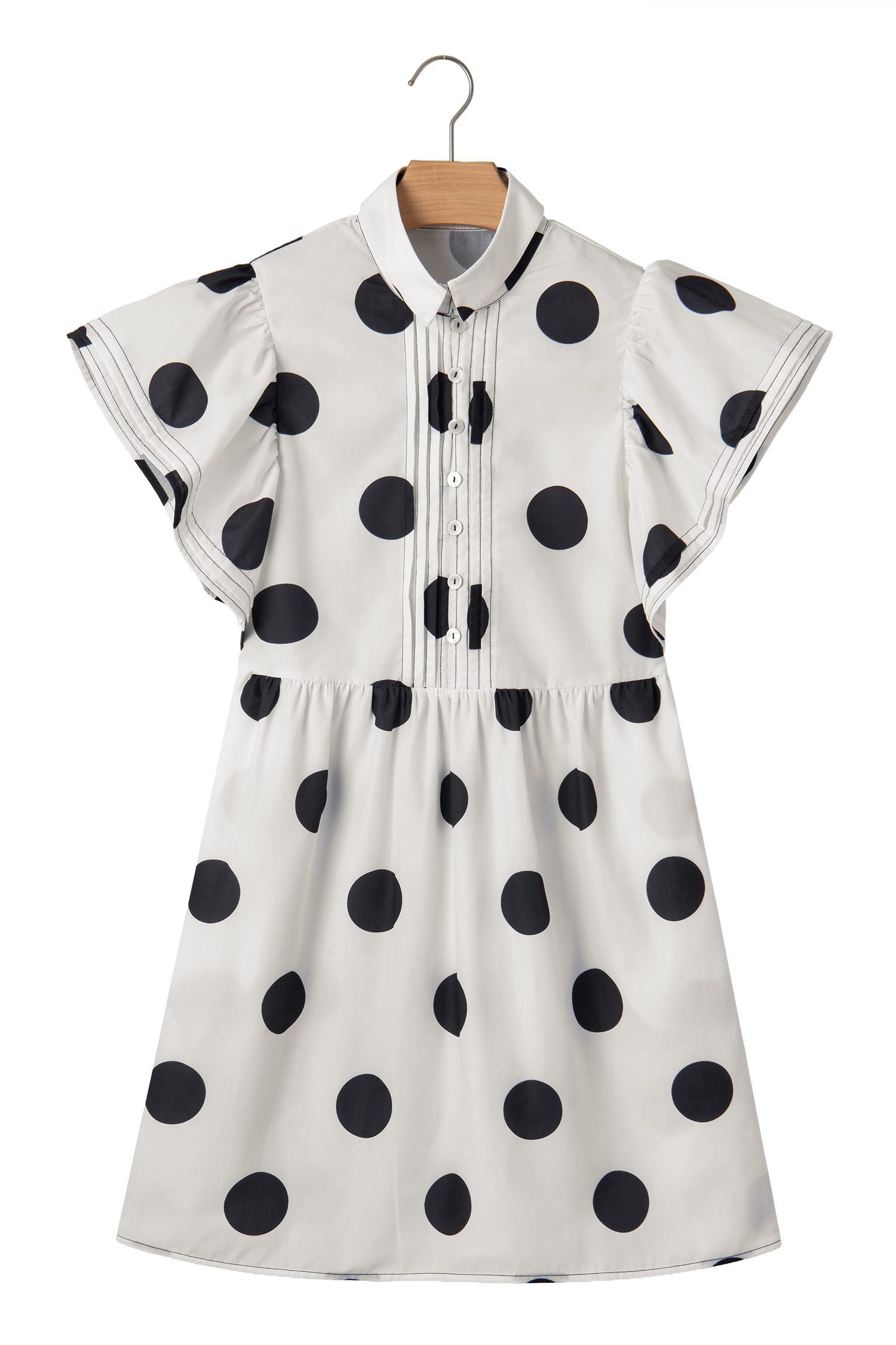 White Polka Dot Print Half Button Ruffled Short Sleeve Loose Mini Dress