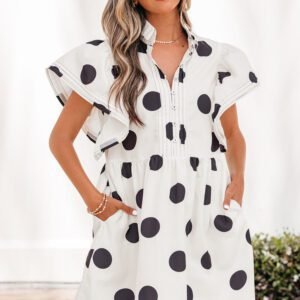 White Polka Dot Print Half Button Ruffled Short Sleeve Loose Mini Dress