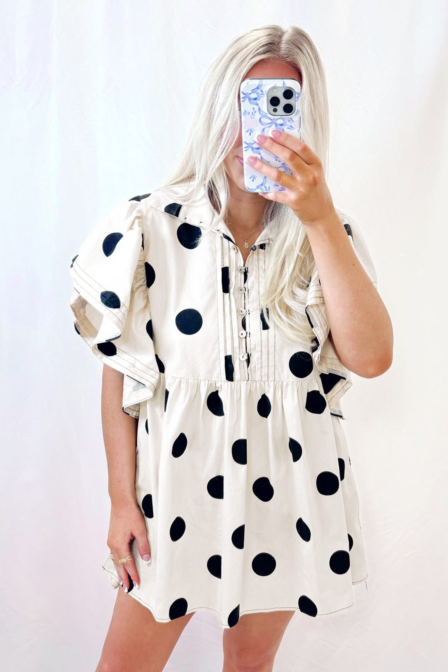 White Polka Dot Print Half Button Ruffled Short Sleeve Loose Mini Dress
