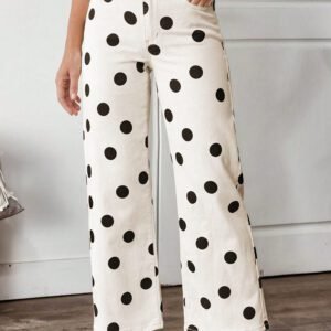 White Polka Dot Print Wide Leg Ankle-Length Jeans