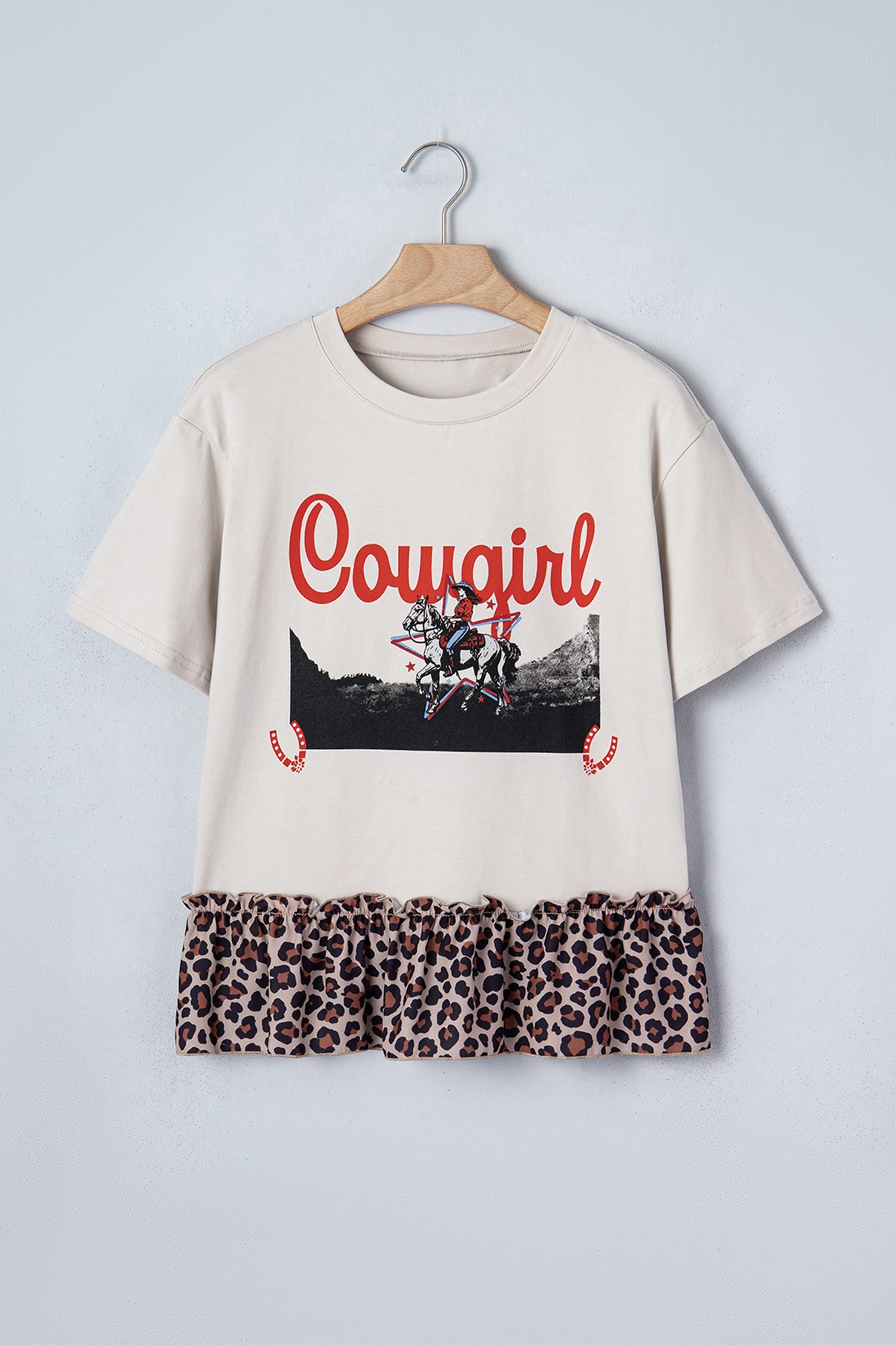 White Retro COWGIRL Print Leopard Ruffle Hem Patchwork T Shirt