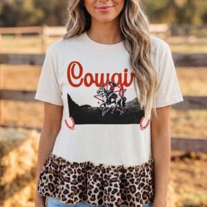 White Retro COWGIRL Print Leopard Ruffle Hem Patchwork T Shirt