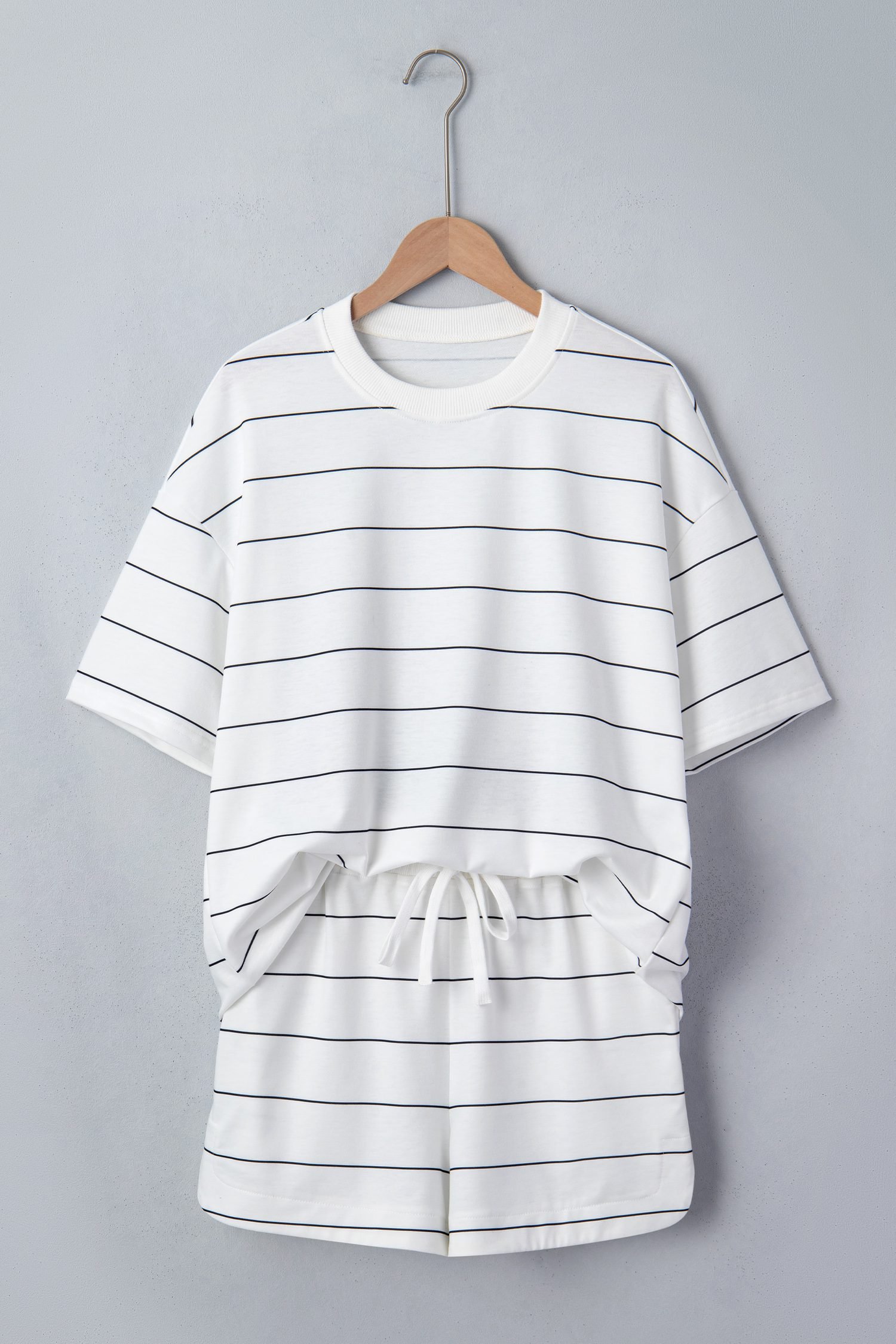 White Stripe Half Sleeve Tee Drawstring Shorts 2pcs Set