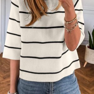 White Stripe Ribbed Knit Half Sleeve Loose Sweater Tee