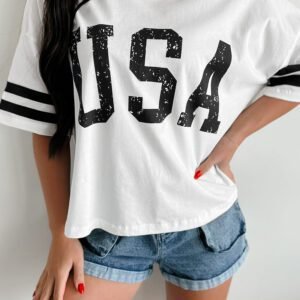 White USA Letter Printed Varsity Striped Sleeve Round Neck Tee