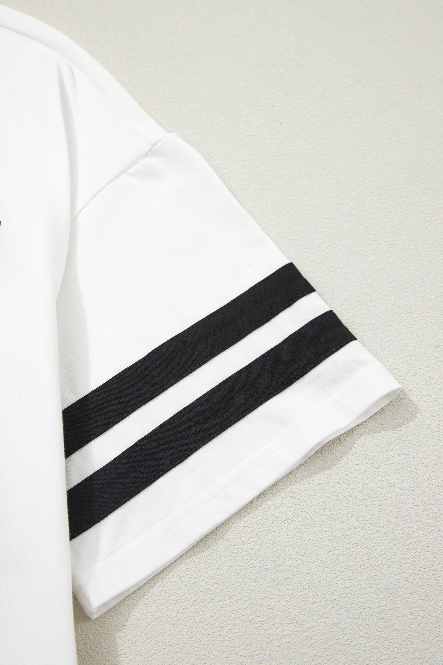 White USA Letter Printed Varsity Striped Sleeve Round Neck Tee