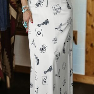 White Western Print Satin Long Skirt