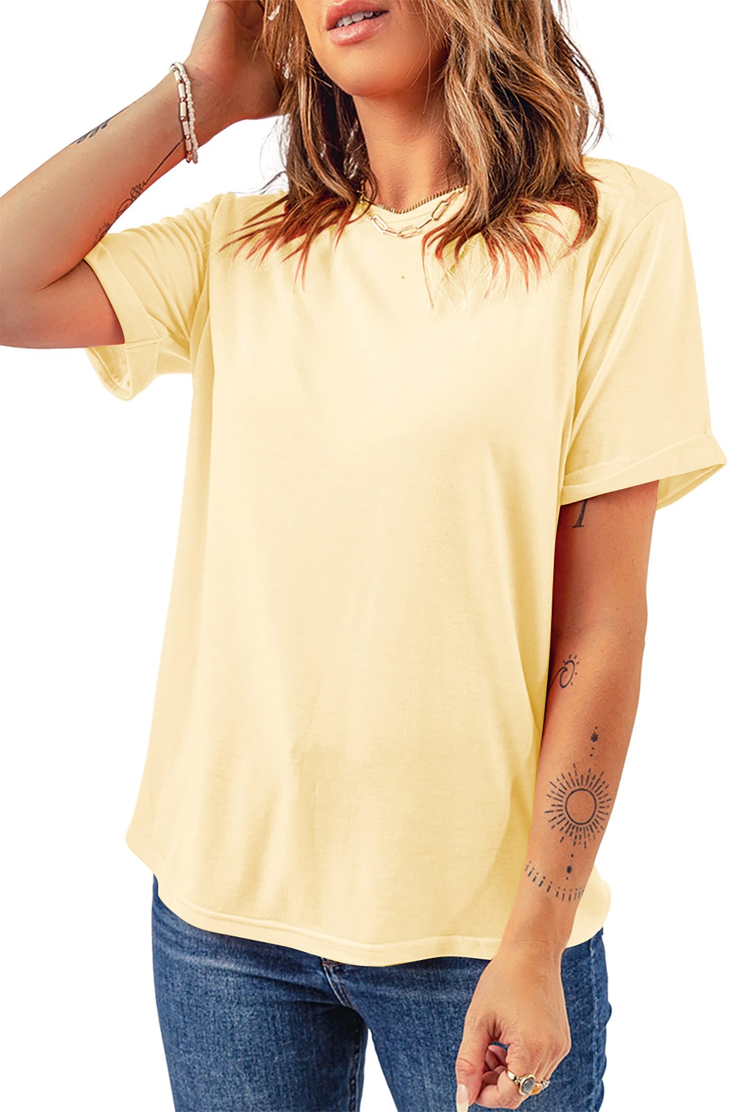 Yellow Cream Casual Plain Crew Neck Tee