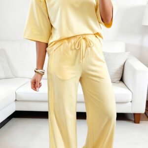 Yellow Cream Lace Patchwork Half Sleeve Top Elastic Waist Pants Two Piece Set