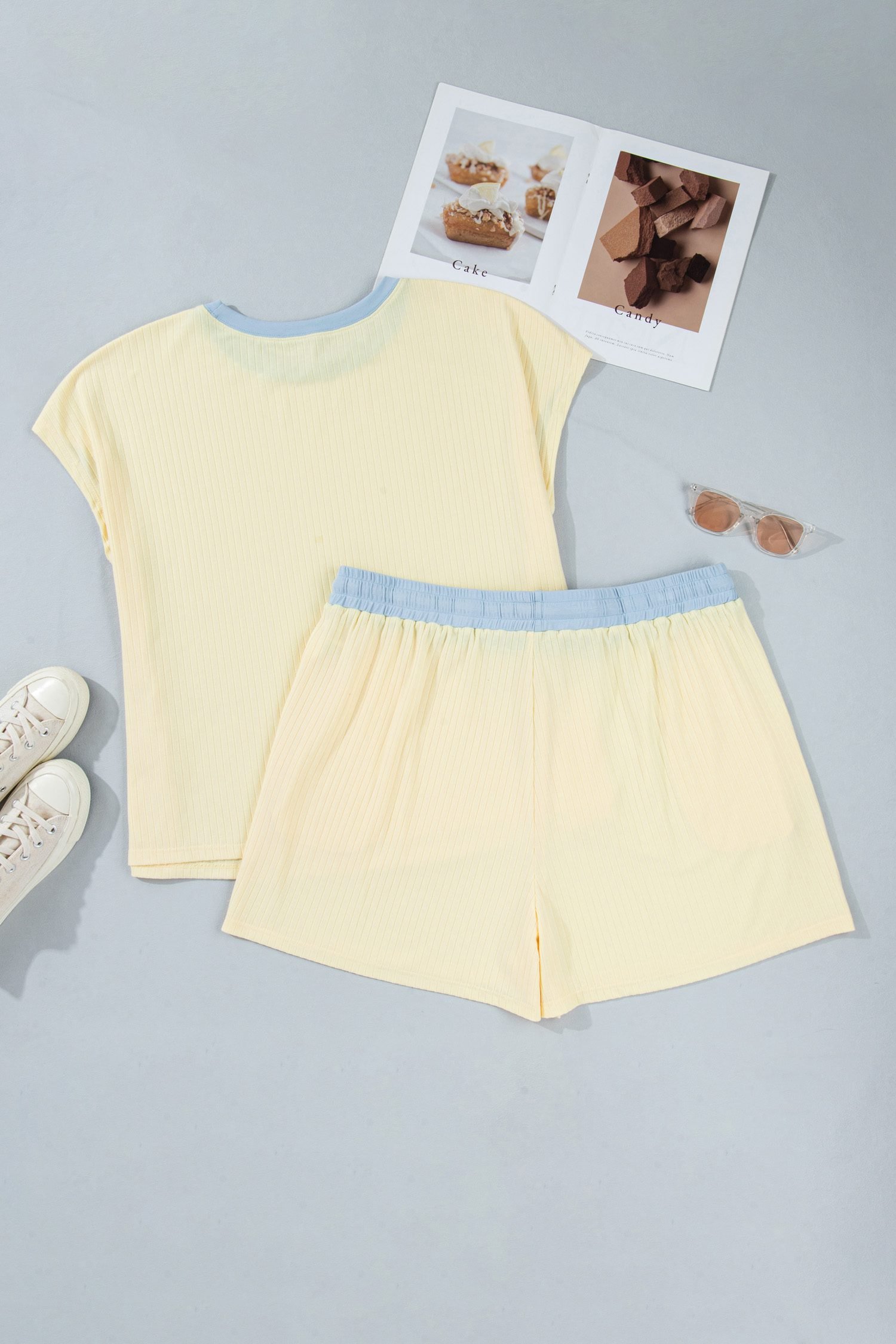 Yellow Cream Plus Size Ribbed Color Block Trim Drawstring Shorts 2pcs Set