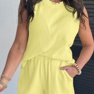 Yellow Cream Solid Color Textured Loose Tank Casual Shorts 2pcs Outfit