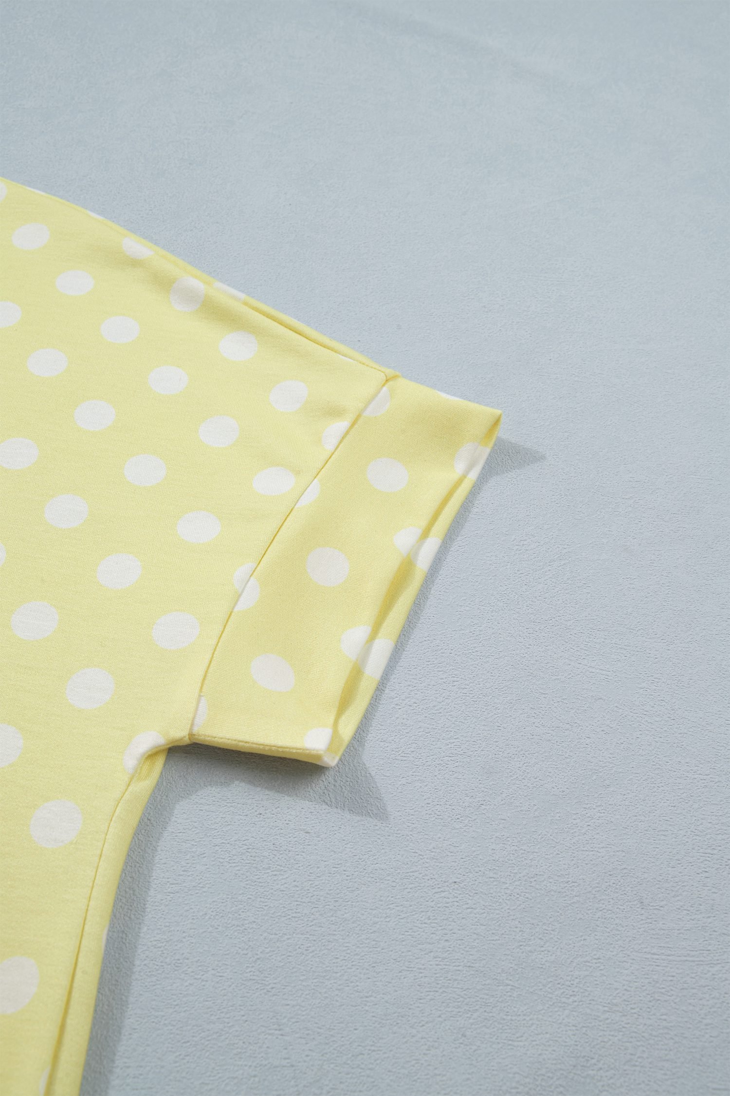 Yellow Polka Dot Print Color Block Trim Mock Neck Short Set
