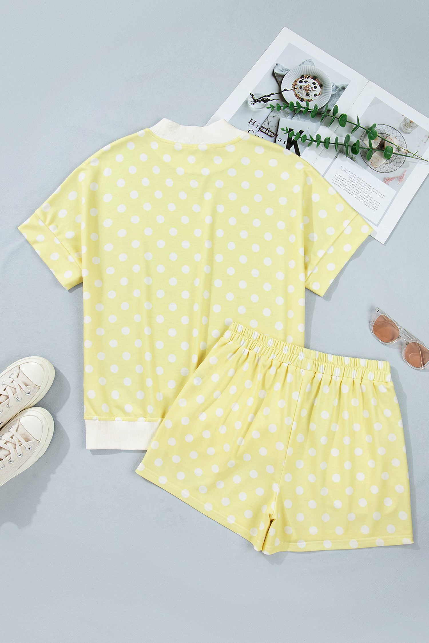 Yellow Polka Dot Print Color Block Trim Mock Neck Short Set