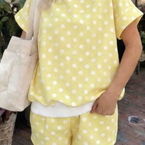 Yellow Polka Dot Print Color Block Trim Mock Neck Short Set
