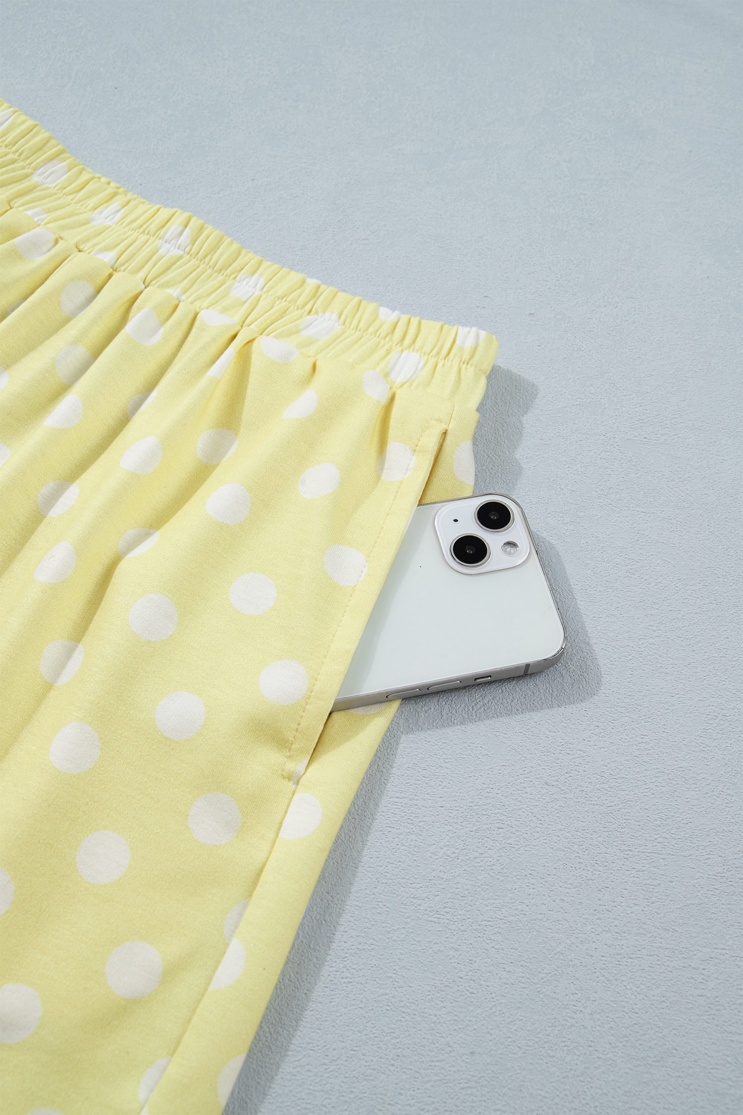 Yellow Polka Dot Print Color Block Trim Mock Neck Short Set