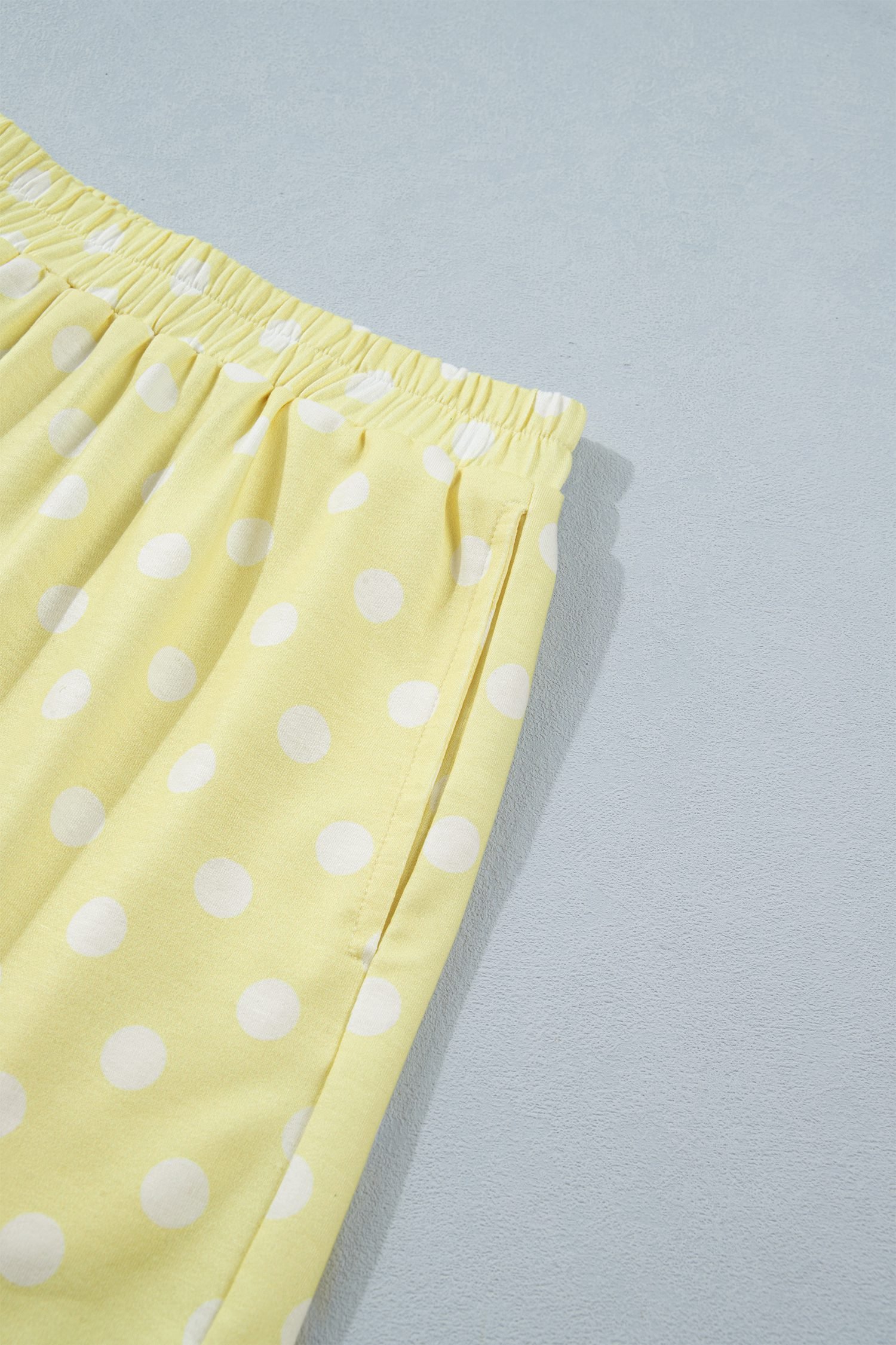 Yellow Polka Dot Print Color Block Trim Mock Neck Short Set
