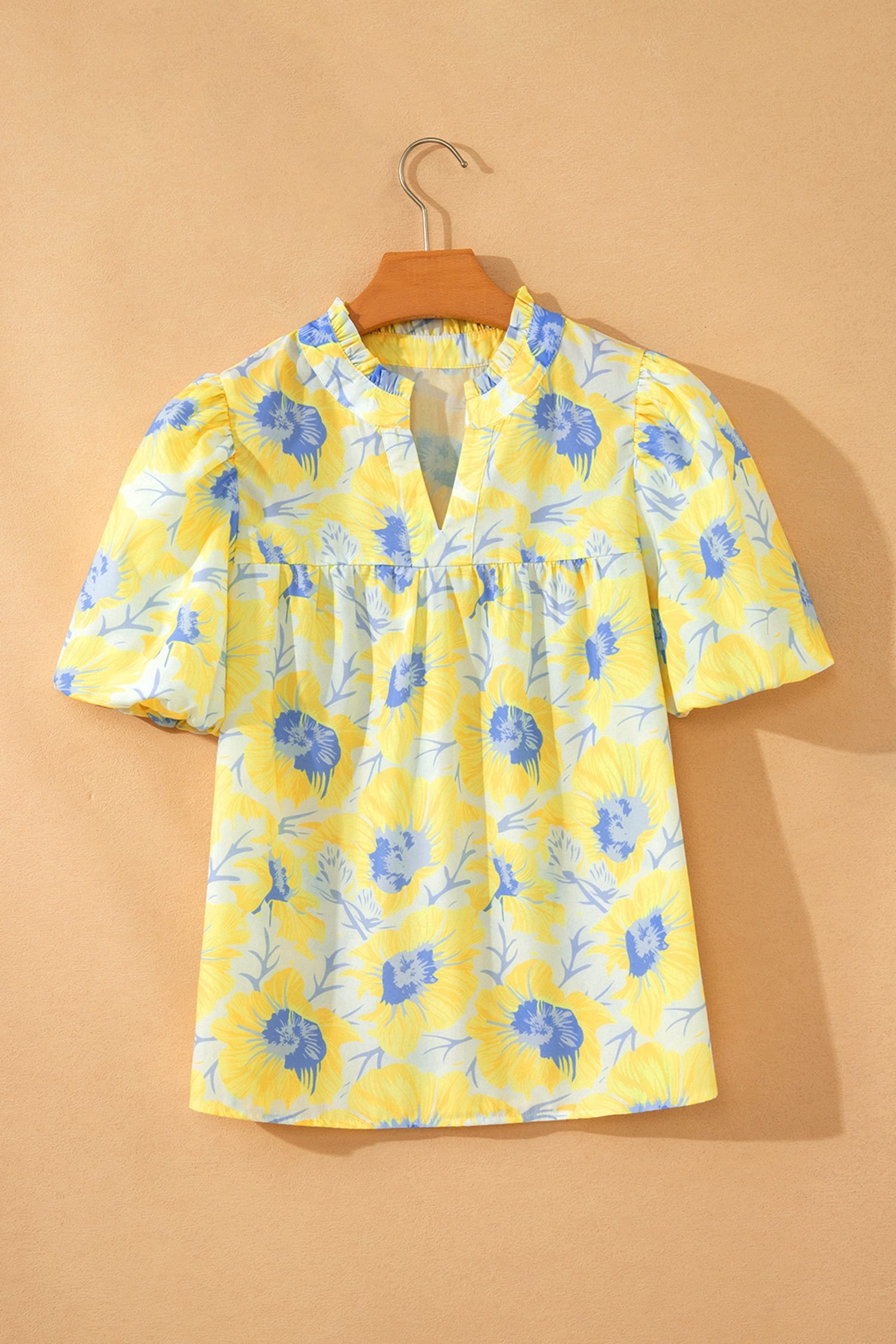 Yellow Short Bubble Sleeve Summer Floral Blouse