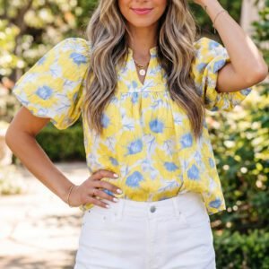Yellow Short Bubble Sleeve Summer Floral Blouse
