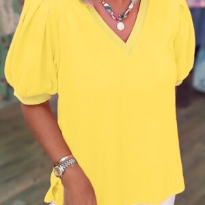 Yellow Solid Color V Neck Short Puff Sleeve Blouse
