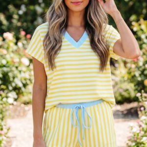 Yellow Stripe Colorblock Trim V Neck Tee Drawstring Elastic Waist Short Set