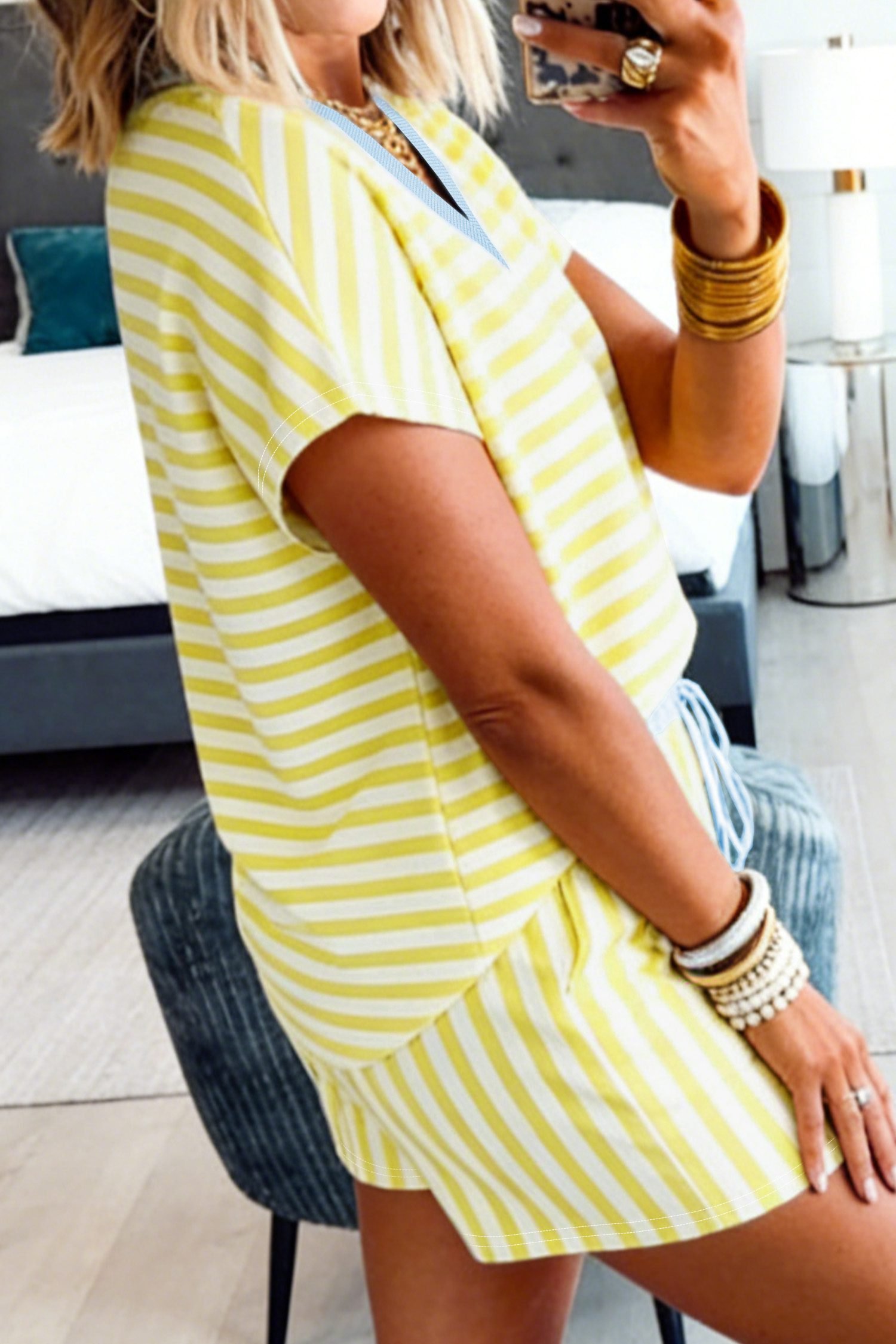 Yellow Stripe Colorblock Trim V Neck Tee Drawstring Elastic Waist Short Set