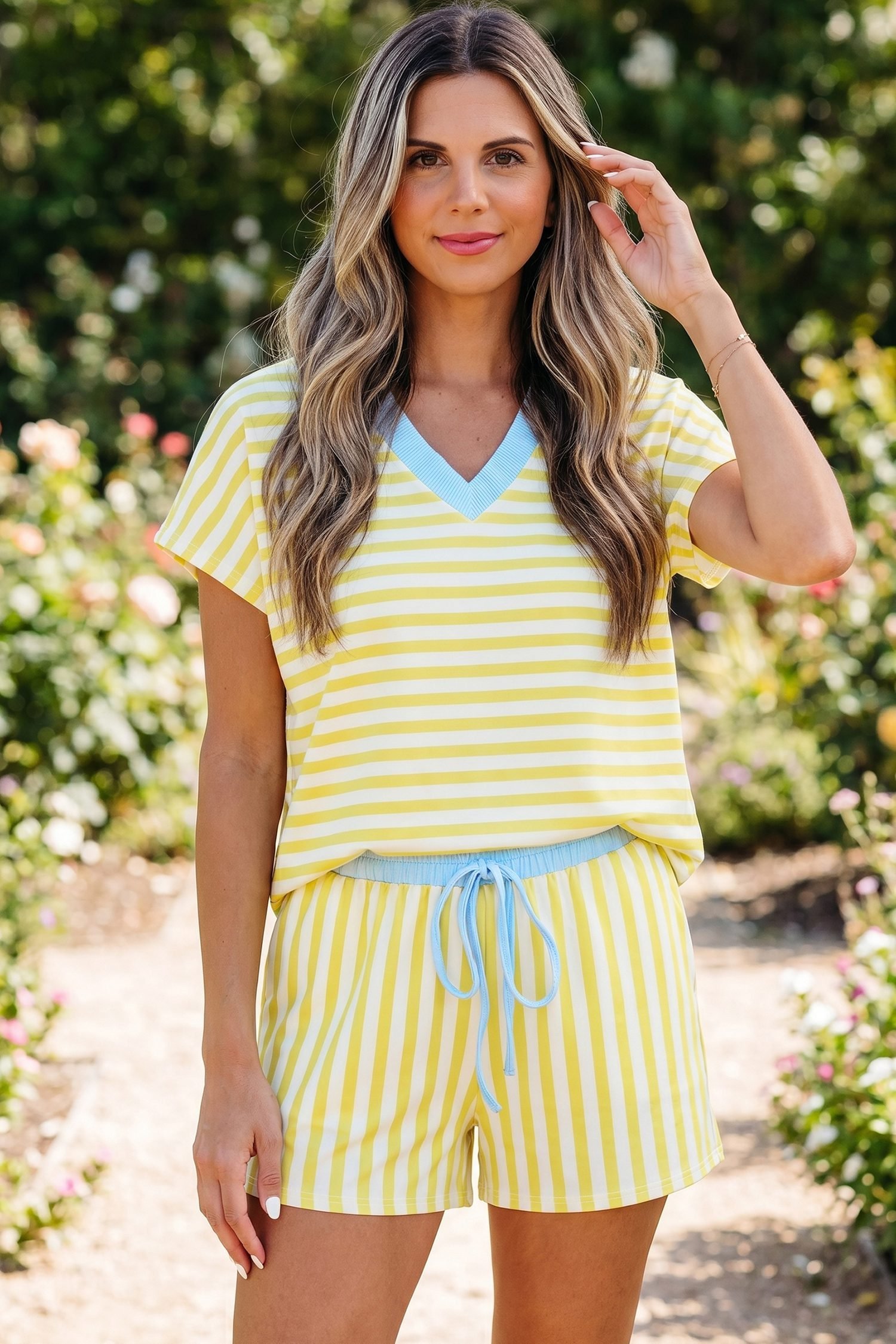 Yellow Stripe Colorblock Trim V Neck Tee Drawstring Elastic Waist Short Set