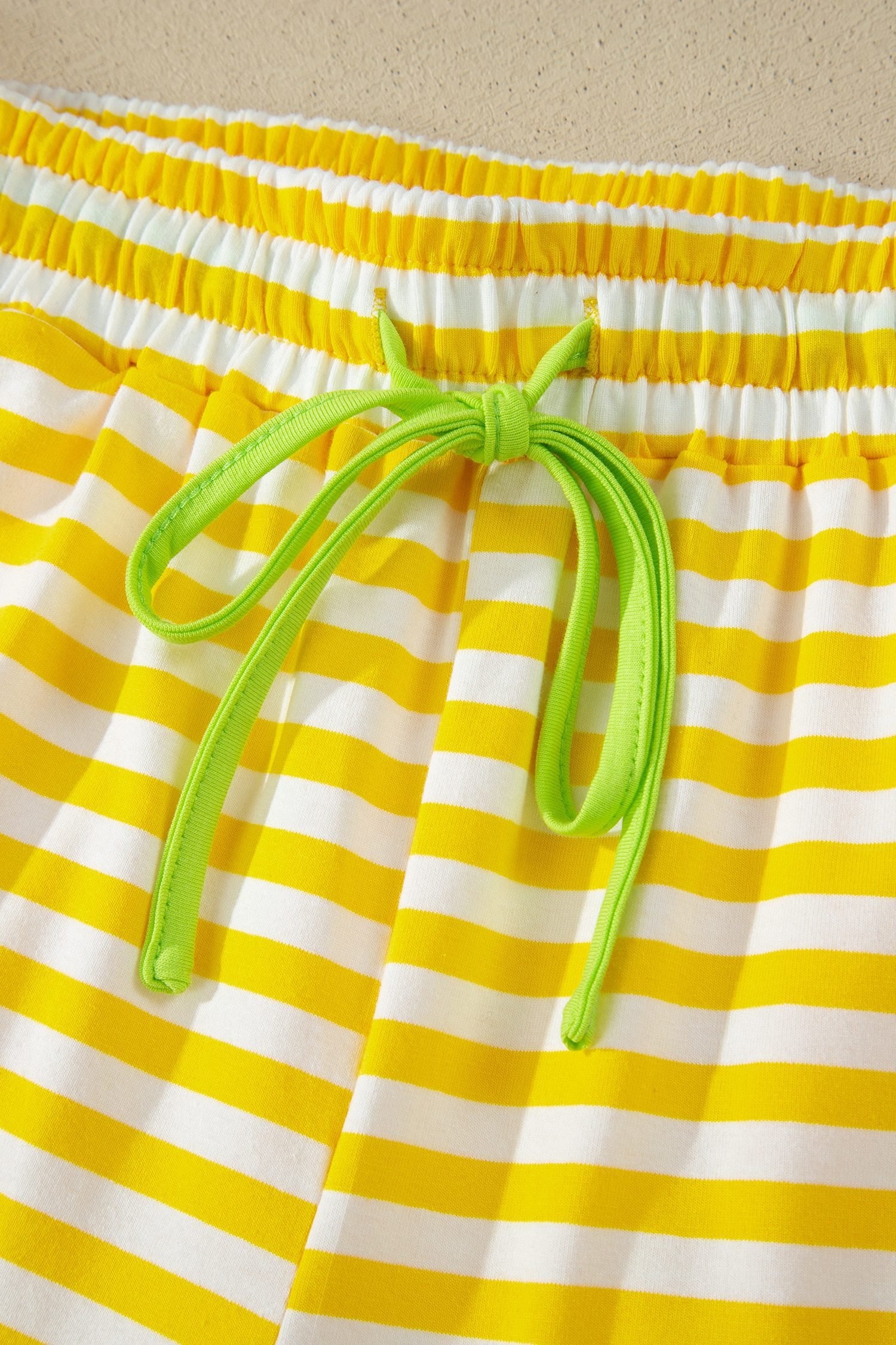 Yellow Stripe Contrast Neck Loose Tee and Drawstring Shorts Set