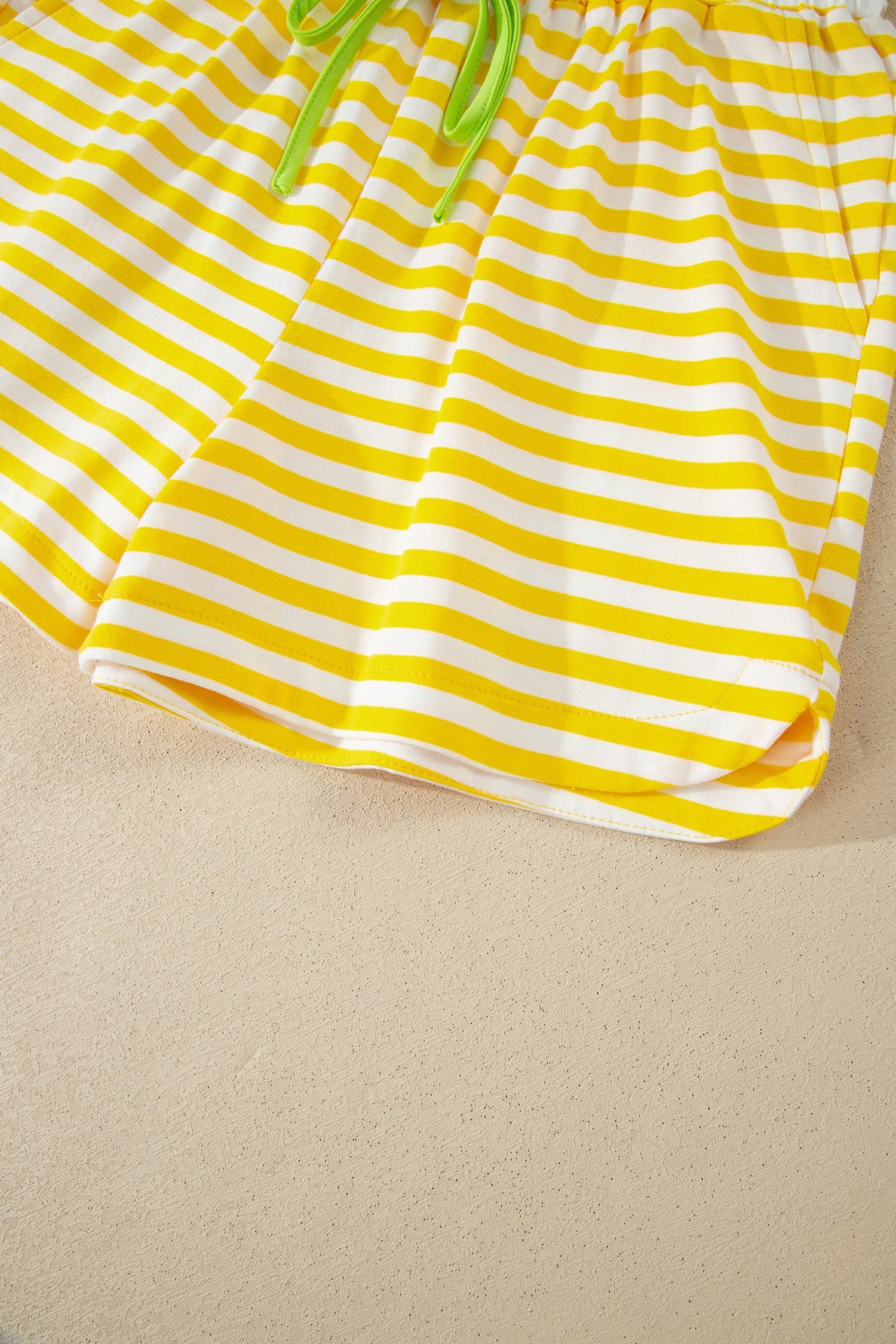 Yellow Stripe Contrast Neck Loose Tee and Drawstring Shorts Set